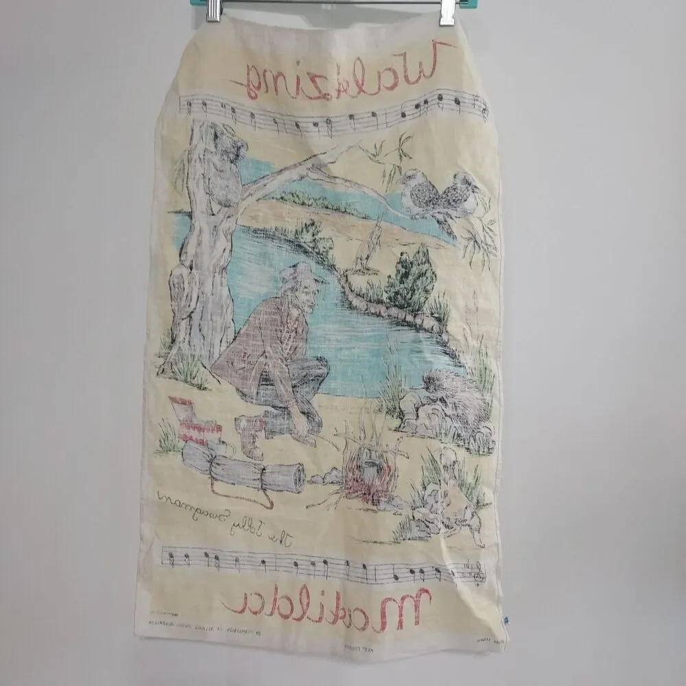 Vintage Linen Tea Towel Farmhouse Waltzing Matilda Kitchen Rag Australia Animals